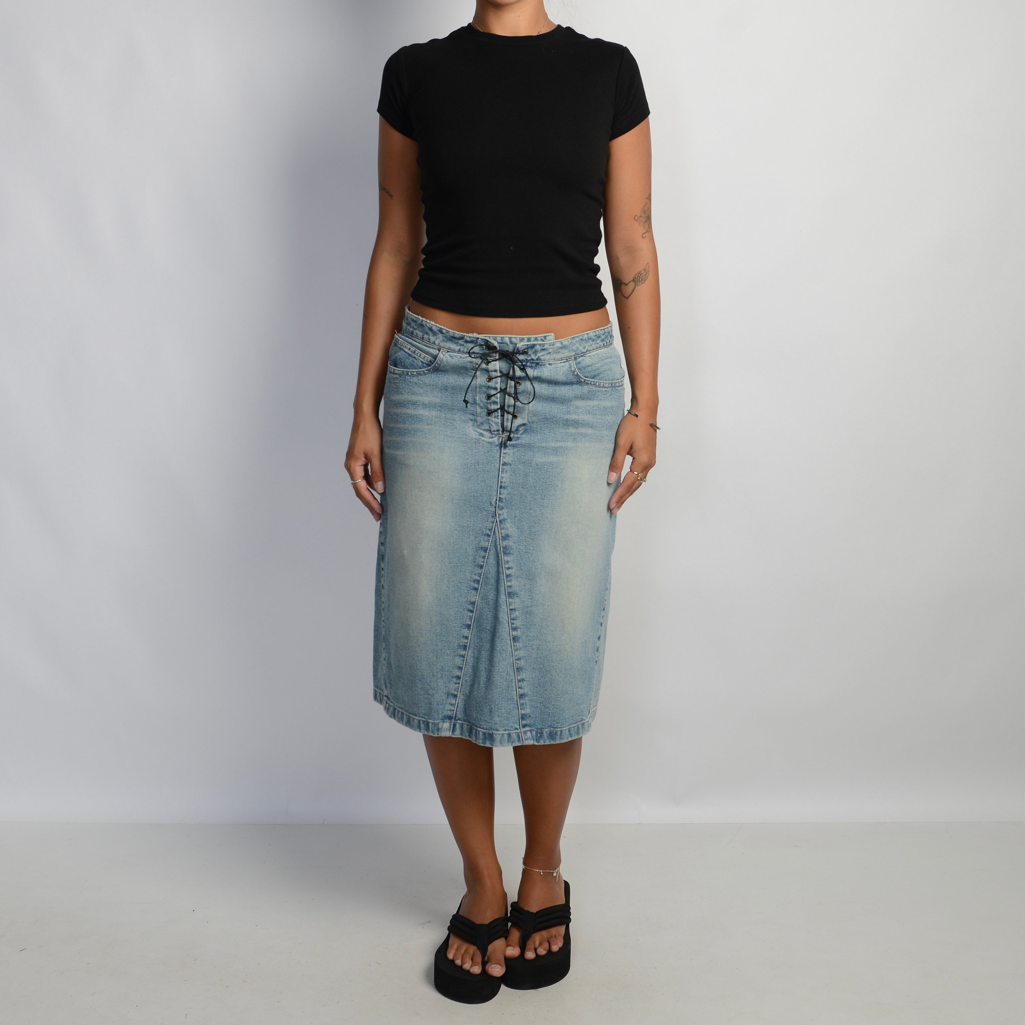 DENIM LACE UP MIDI SKIRT