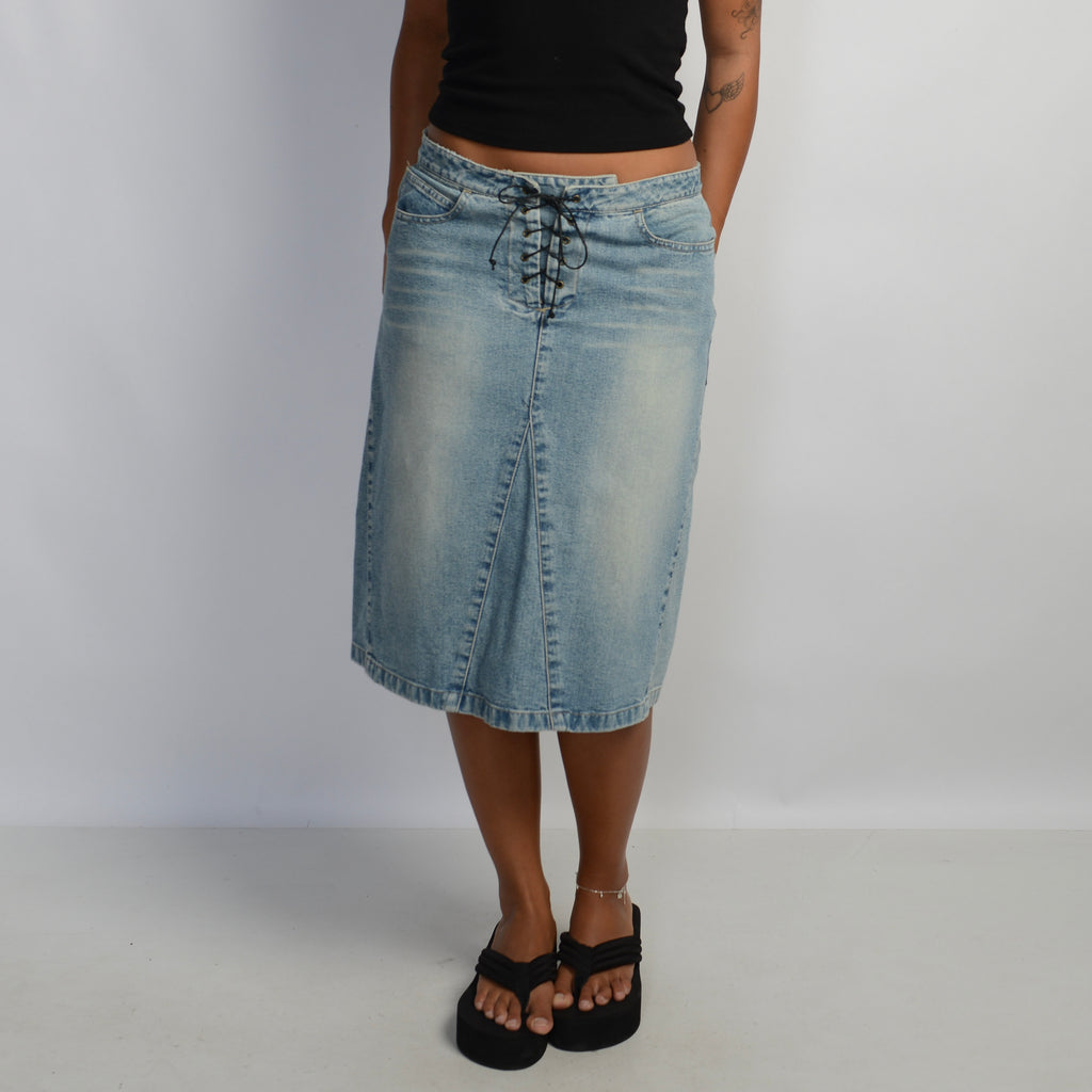 DENIM LACE UP MIDI SKIRT