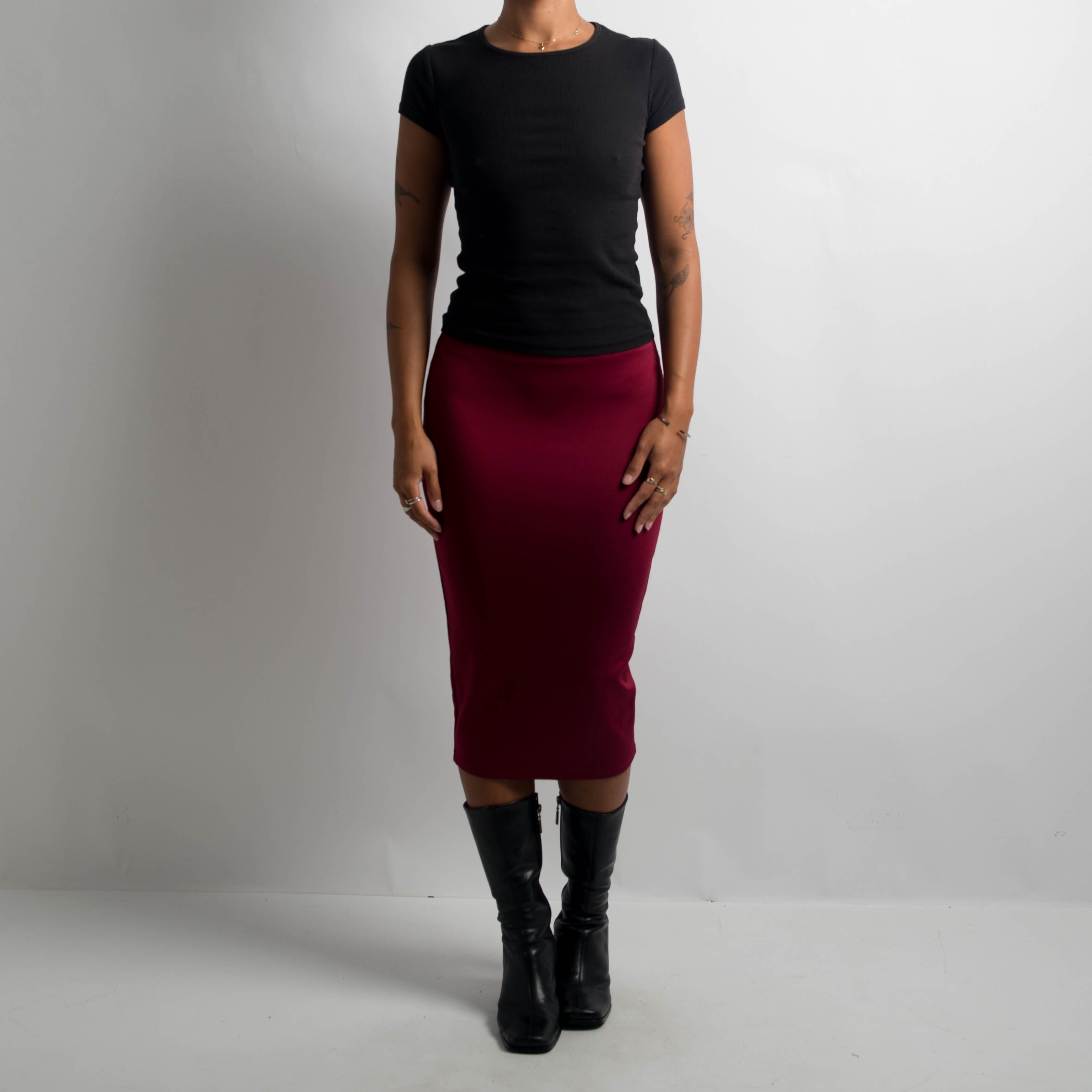 MAROON STRETCH MIDI SKIRT