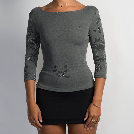 GREY FLORAL 3/4 SLEEVE TOP