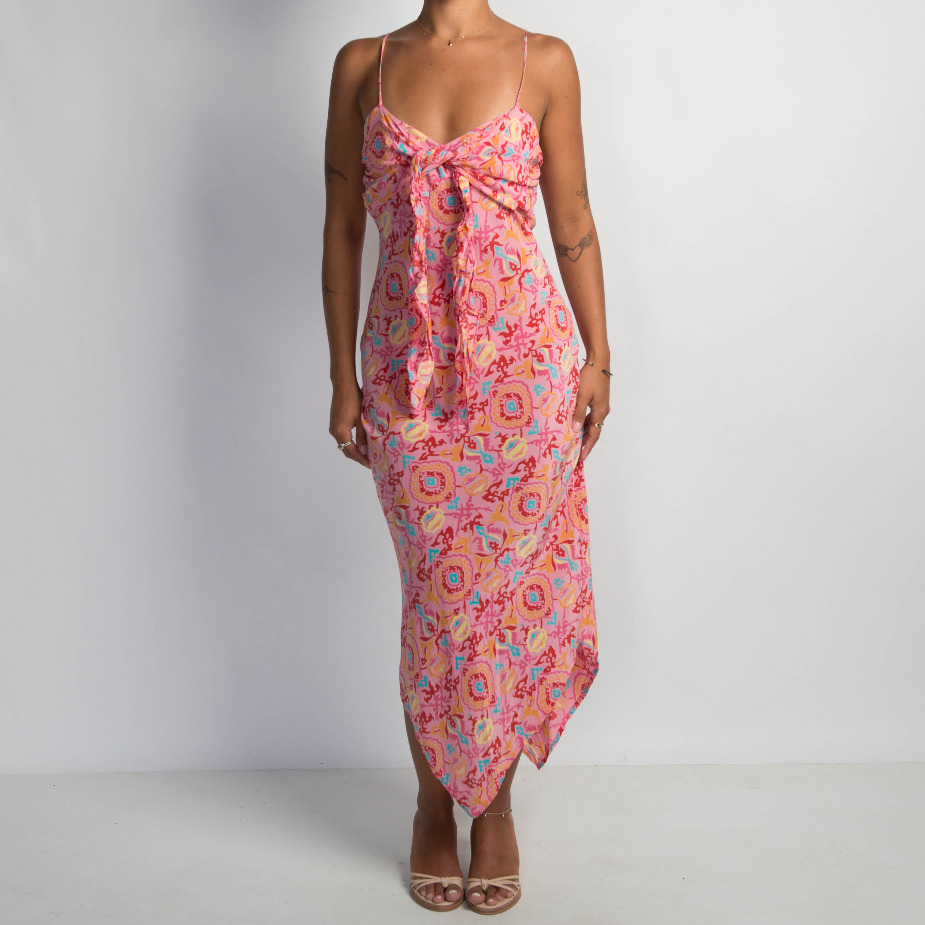 PINK PATTERN SILK MIDI DRESS