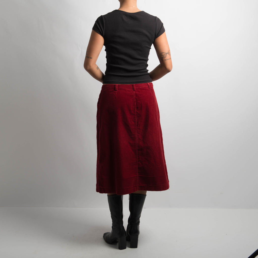 RED CORDUROY MIDI SKIRT