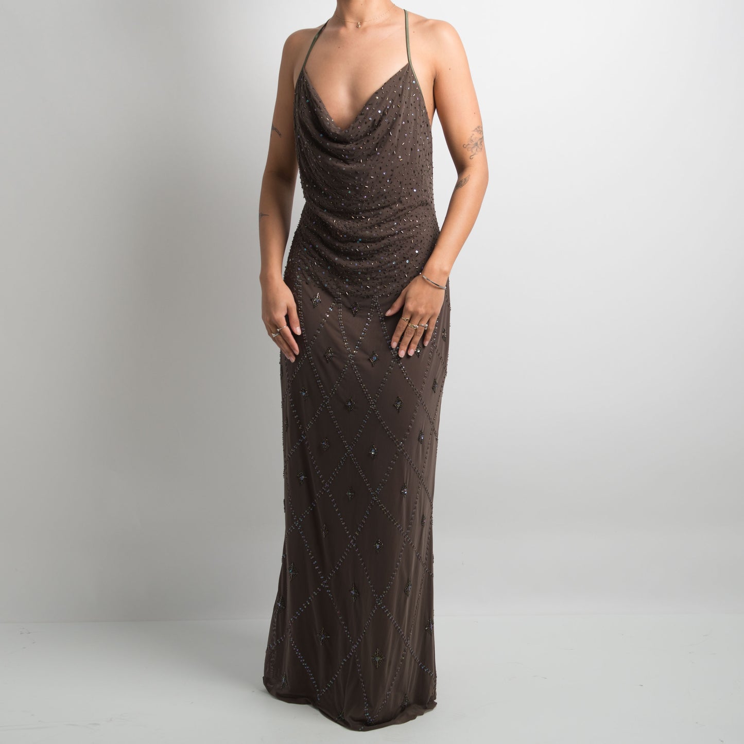 KHAKI BEADED MESH GOWN