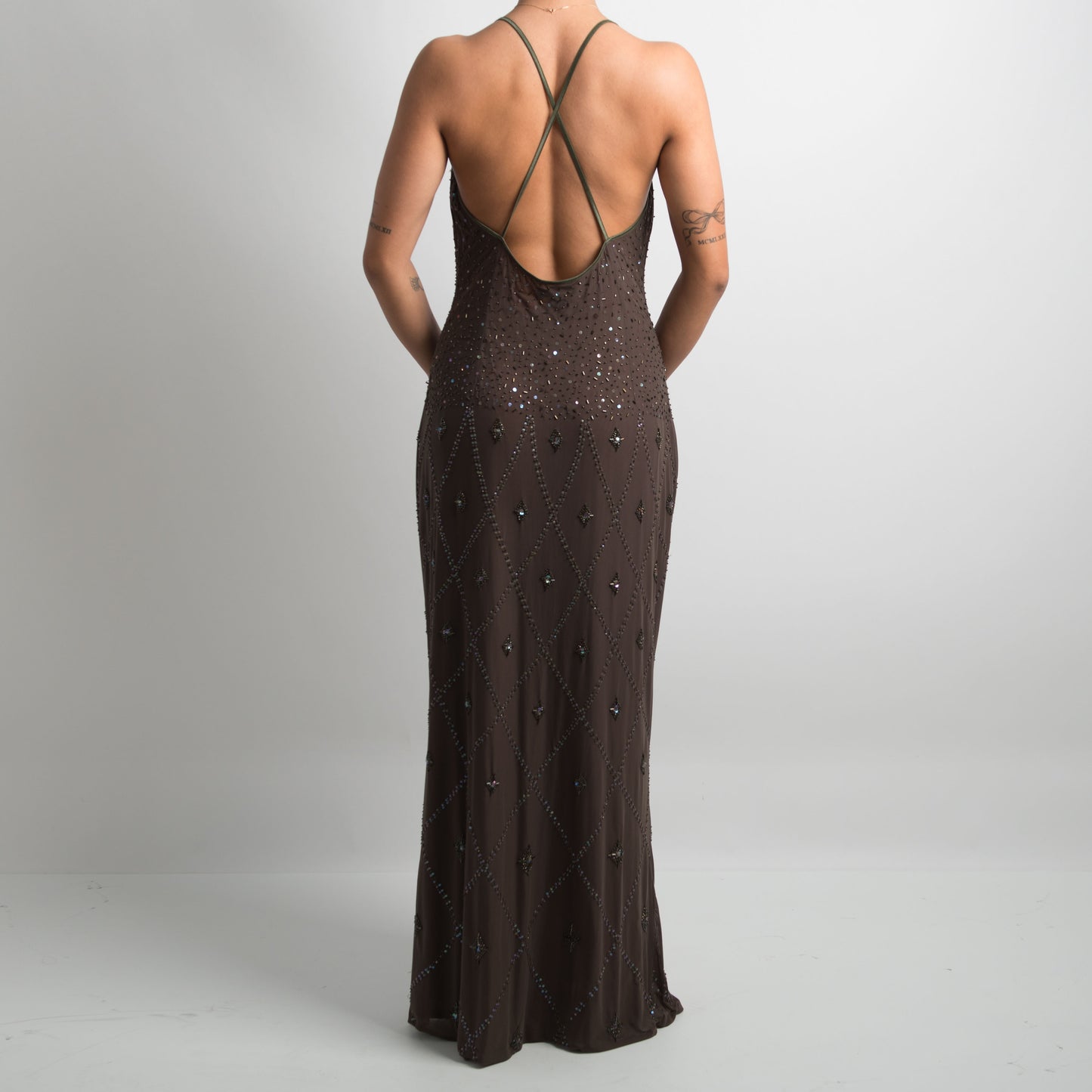 KHAKI BEADED MESH GOWN