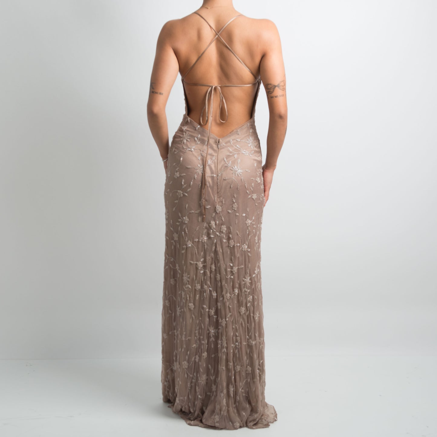 BEIGE HAND BEADED SILK GOWN