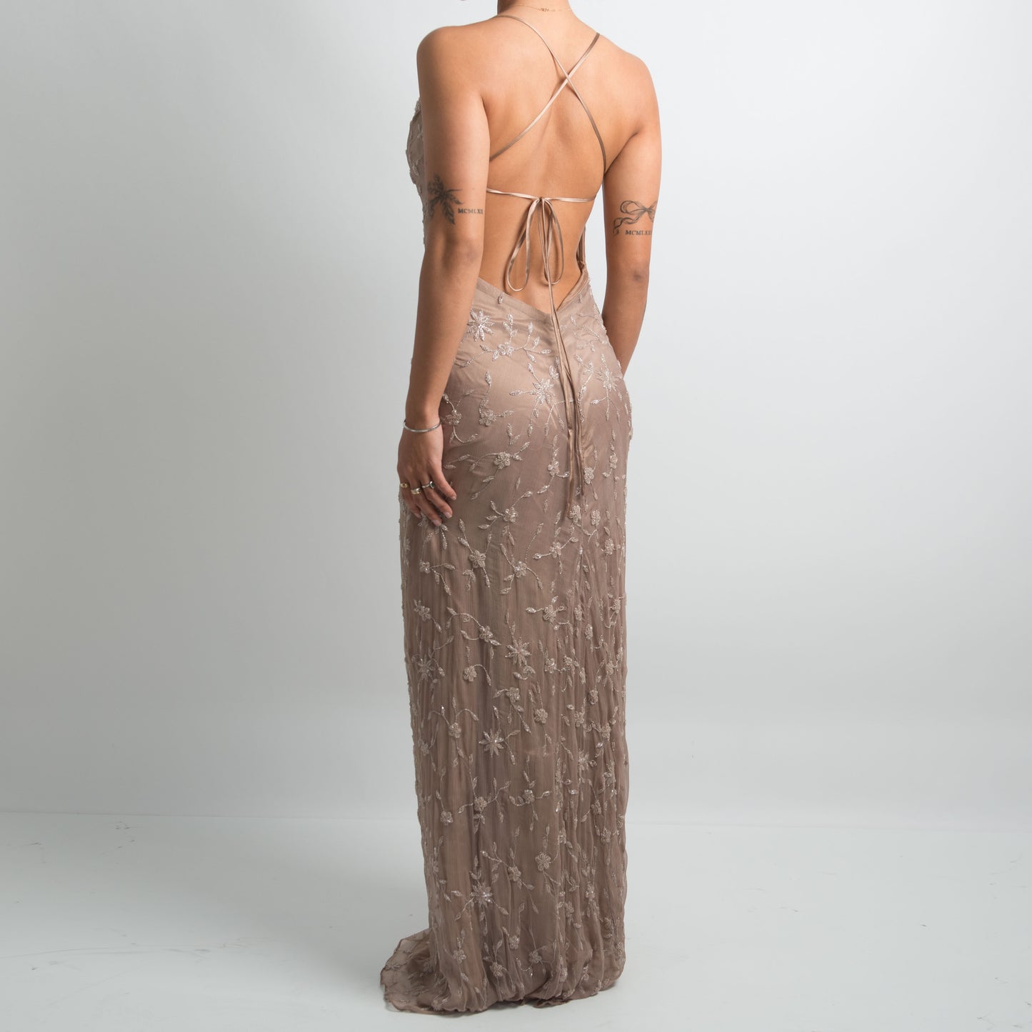 BEIGE HAND BEADED SILK GOWN