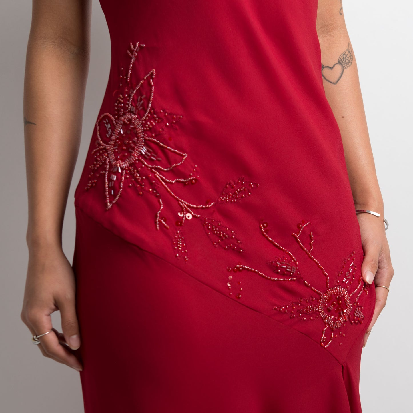 RED ASYMMETRIC BEADED DRESS