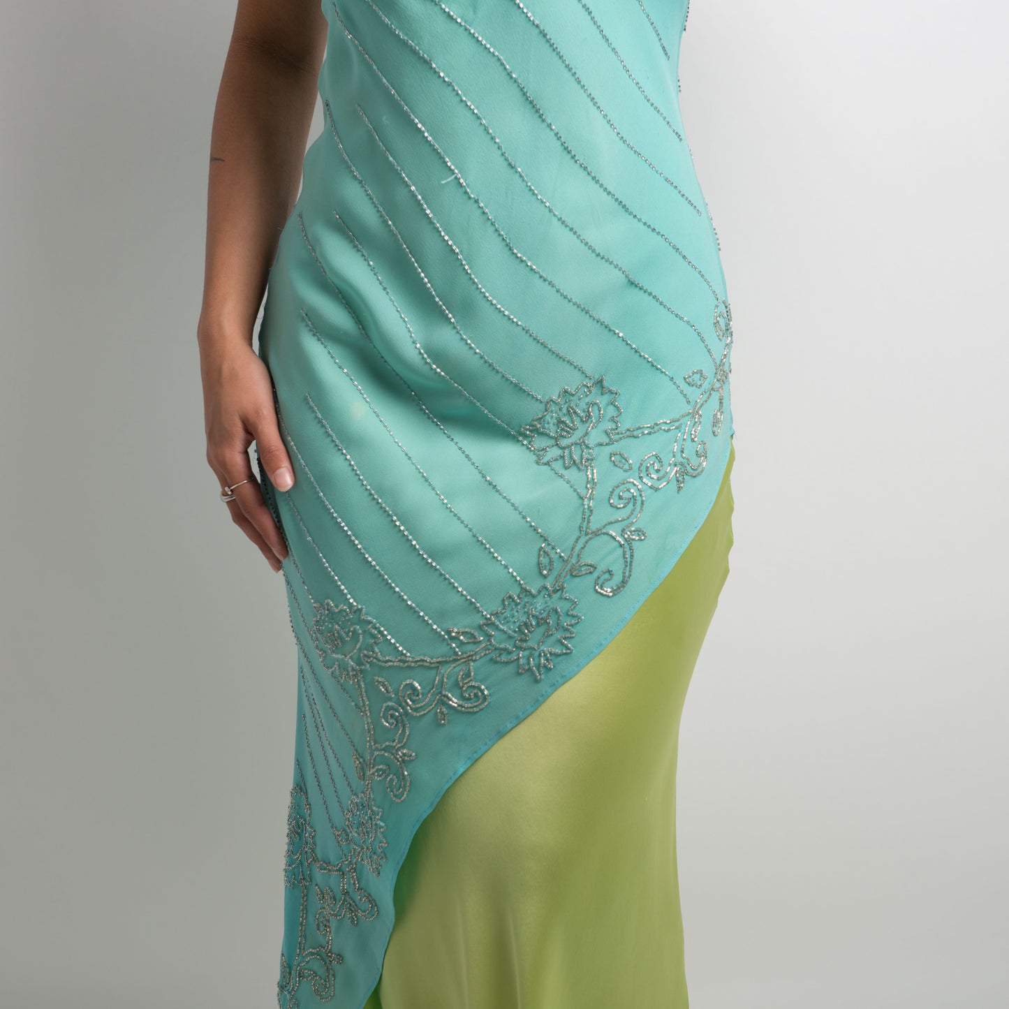 GREEN BLUE LAYERED SILK DRESS