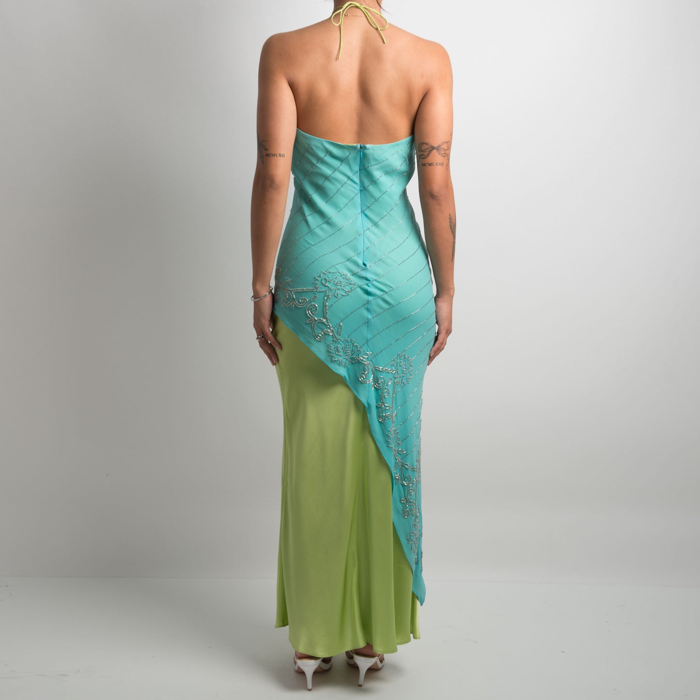 GREEN BLUE LAYERED SILK DRESS