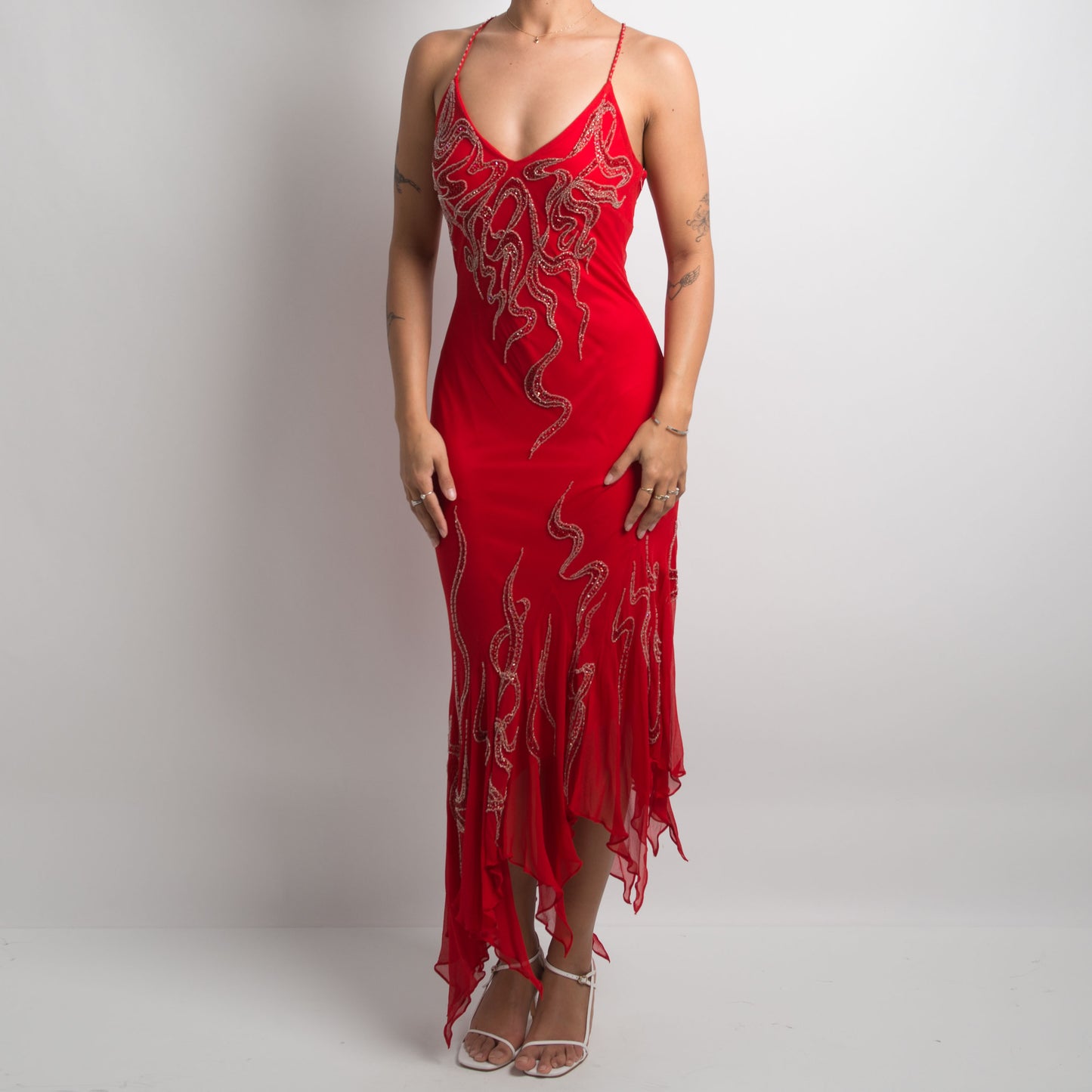 RED BEADED ASYMMETRIC DRESS