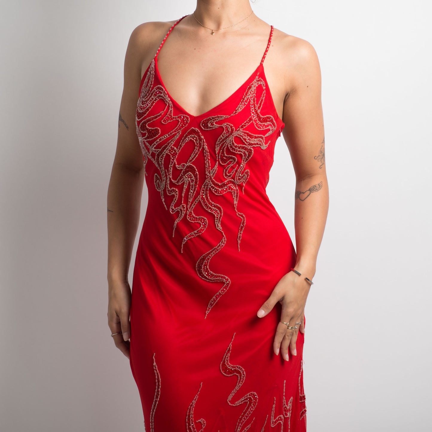 RED BEADED ASYMMETRIC DRESS