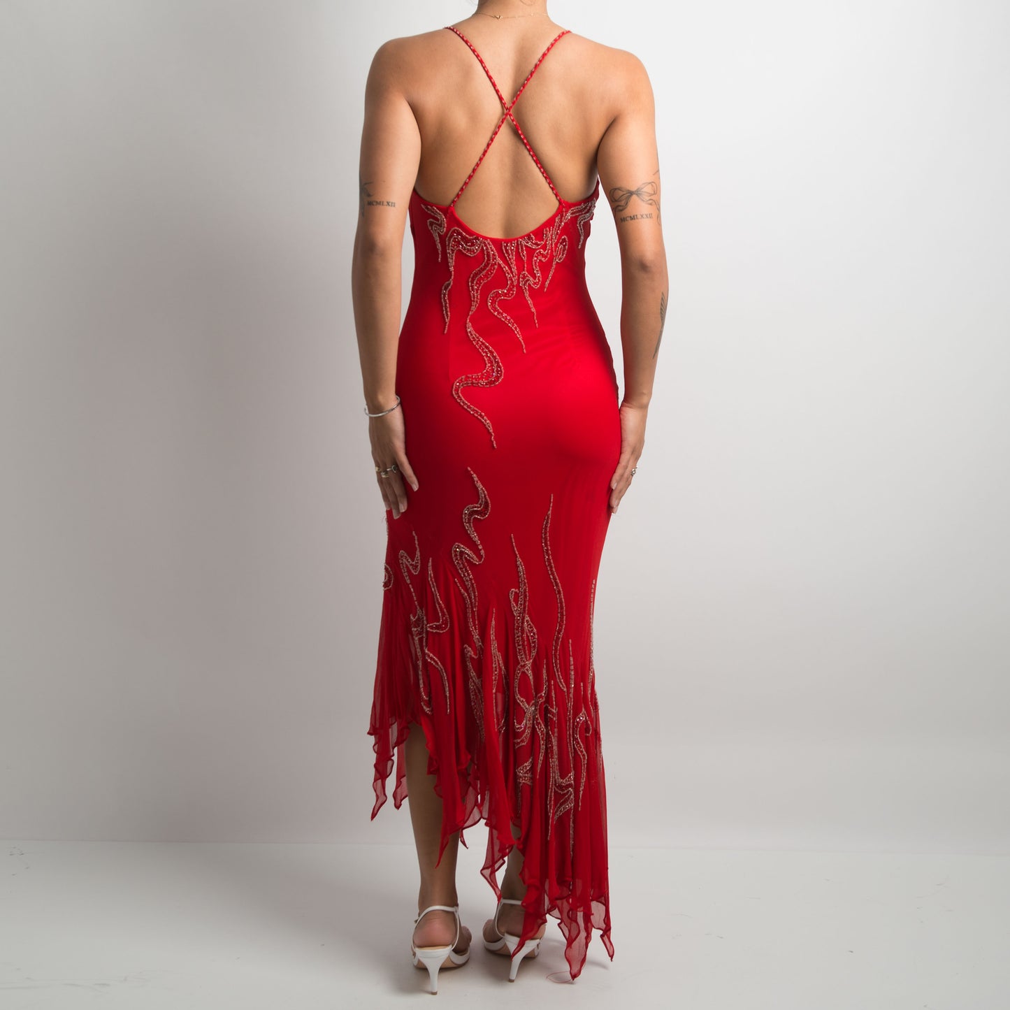 RED BEADED ASYMMETRIC DRESS