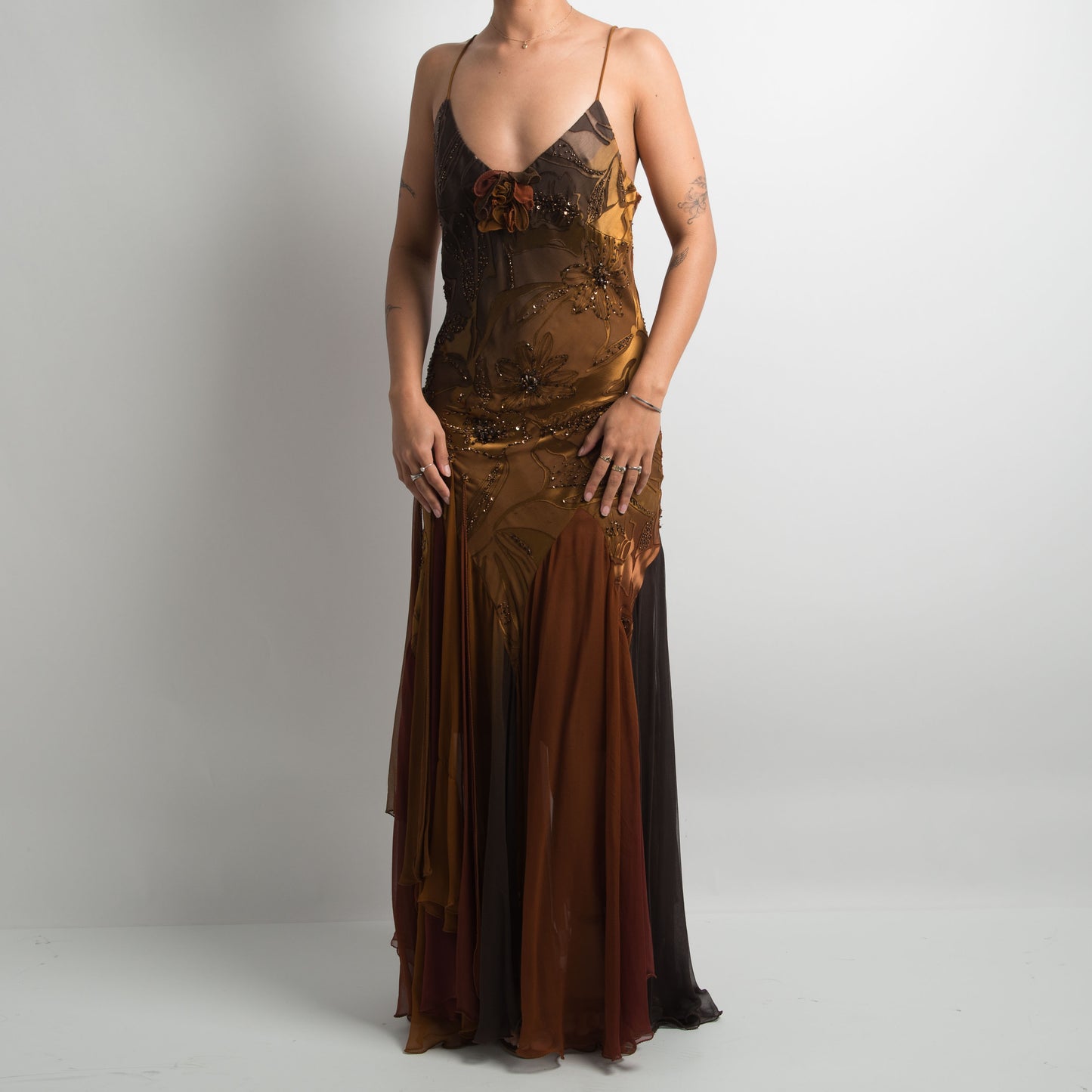 BROWN SILK LAYERED GOWN