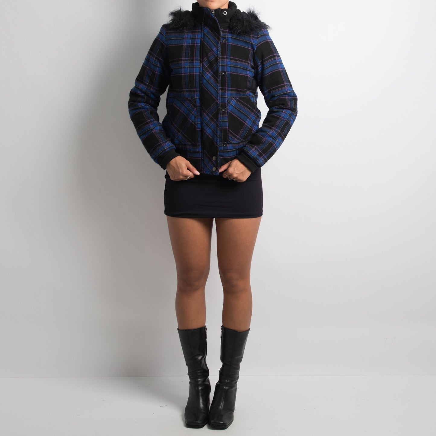 PLAID PUFFER HOODED JACKET