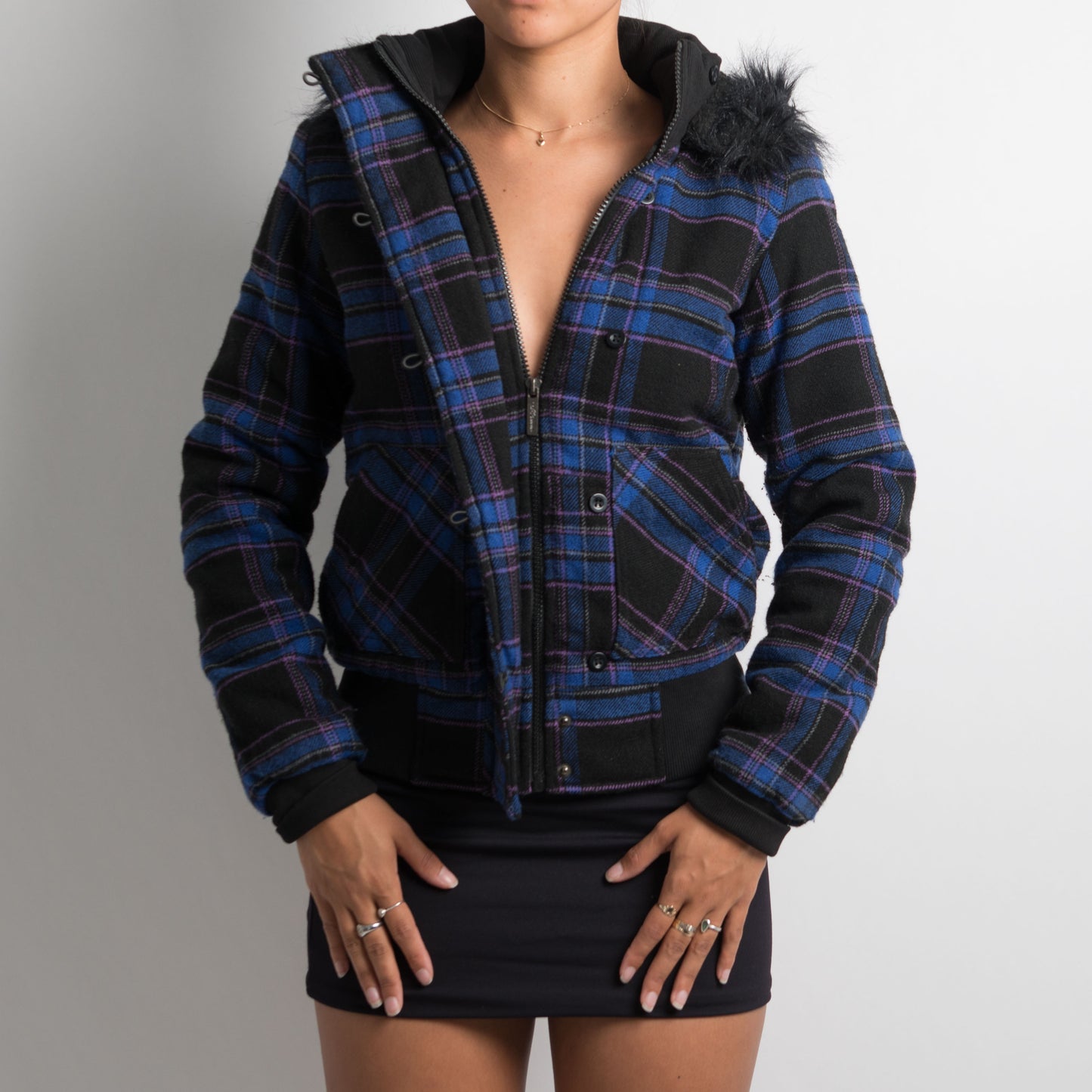 PLAID PUFFER HOODED JACKET