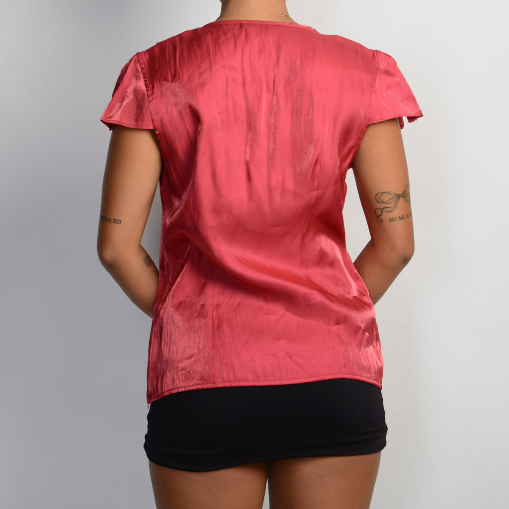 PINK SATIN RUFFLE TOP