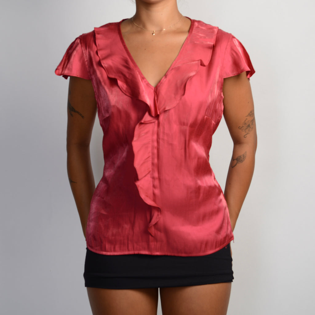 PINK SATIN RUFFLE TOP