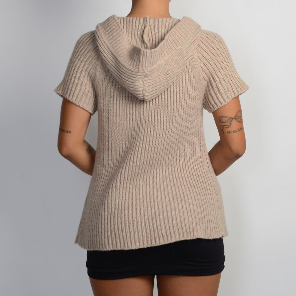 BEIGE KNIT HOODED TOP