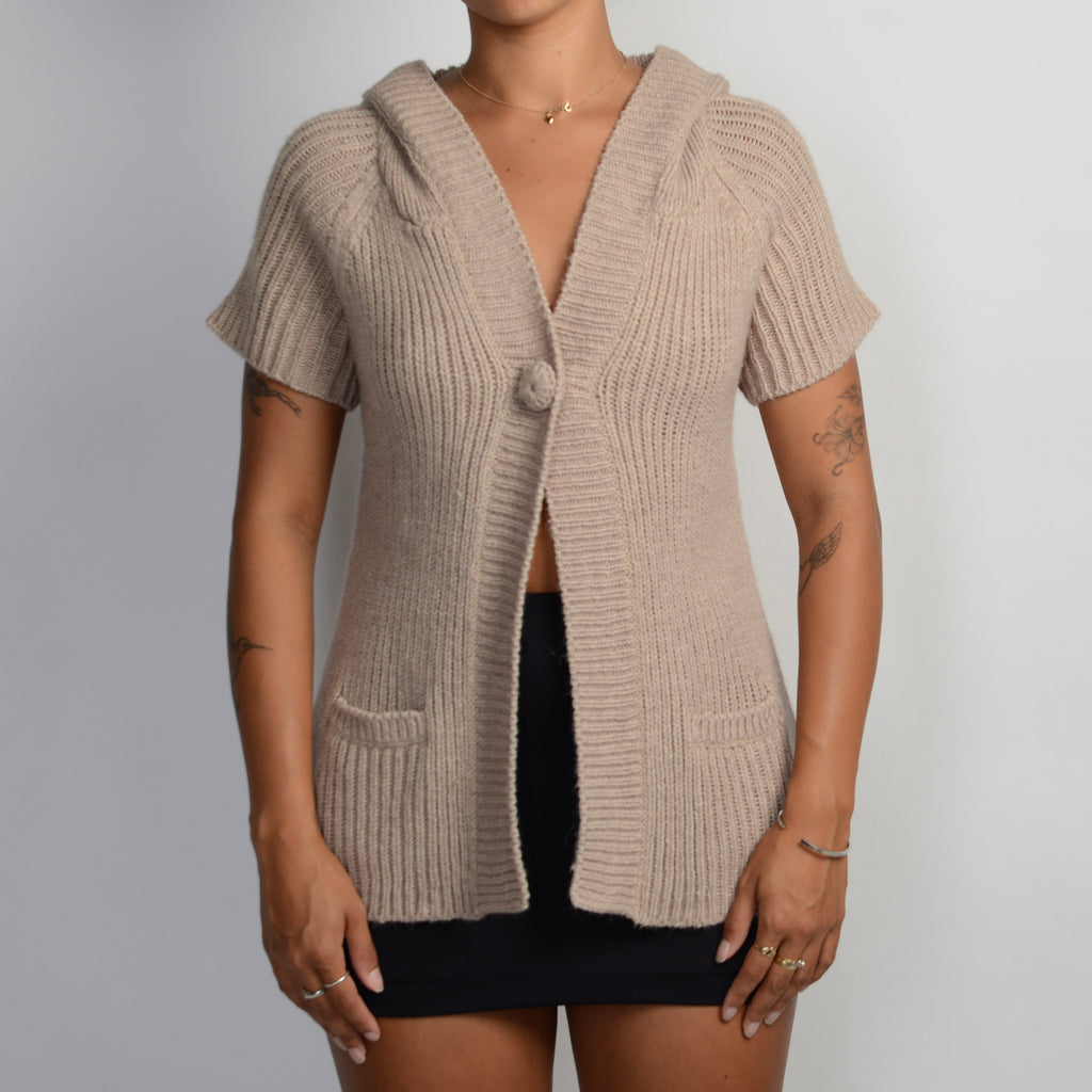 BEIGE KNIT HOODED TOP