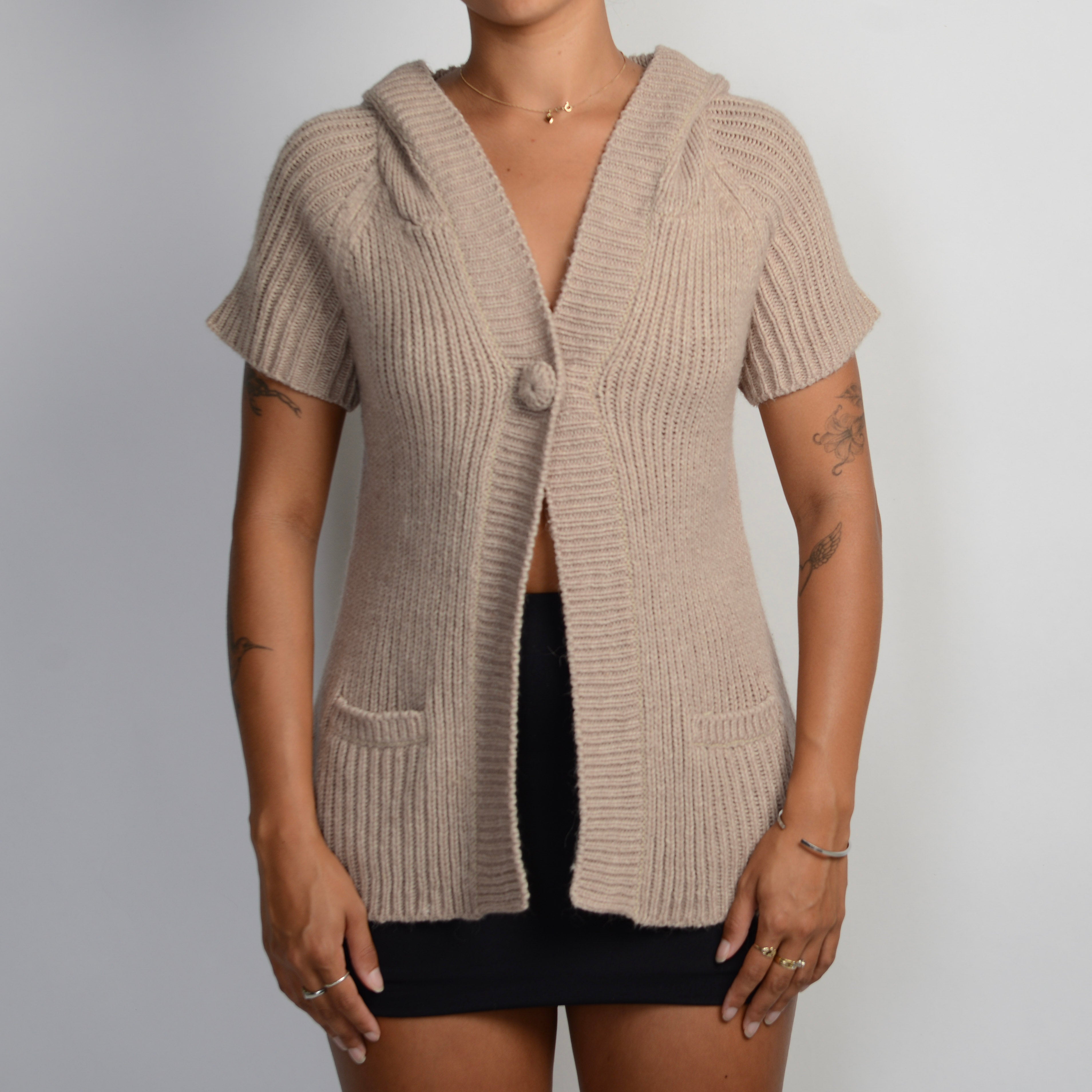 BEIGE KNIT HOODED TOP