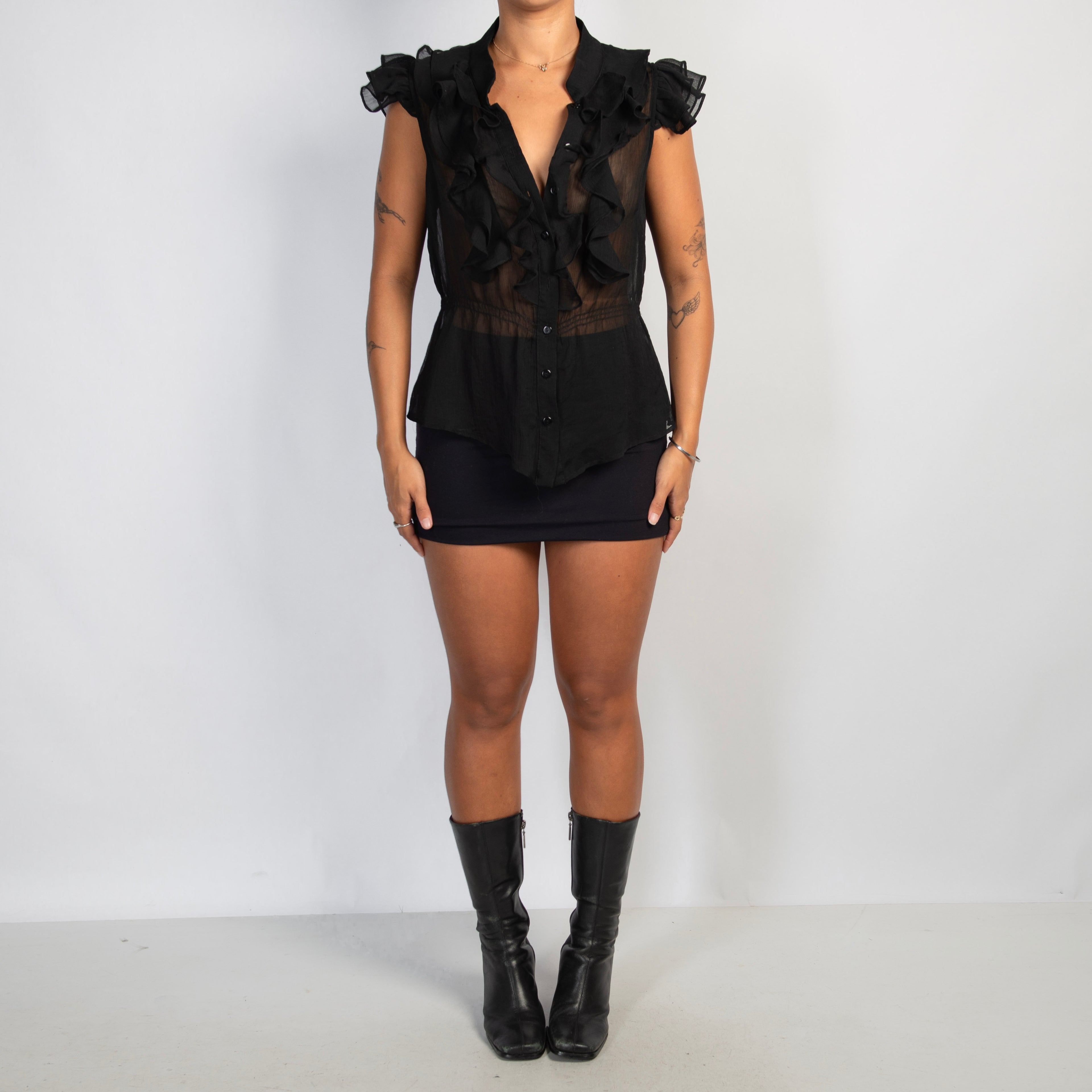 SHEER BLACK RUFFLE BLOUSE