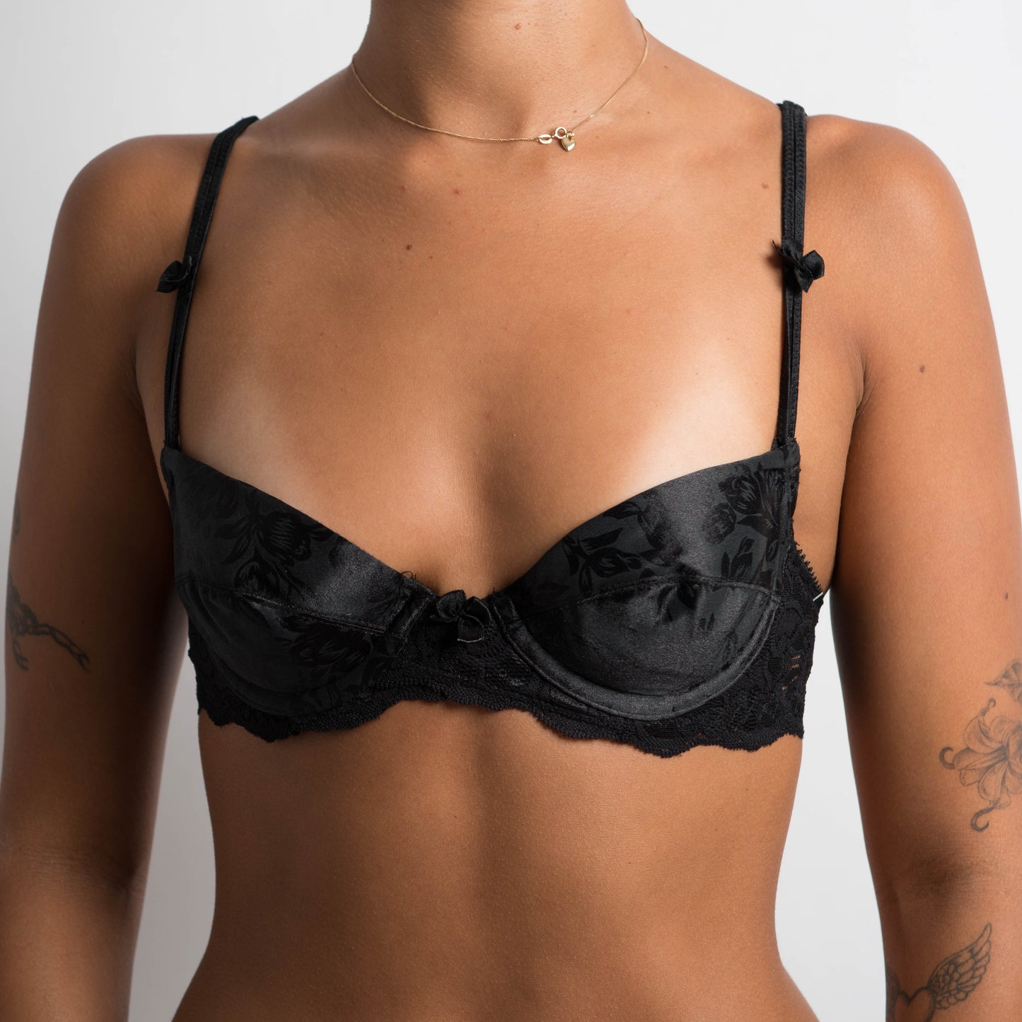 BLACK FLORAL SATIN BRA - 10A