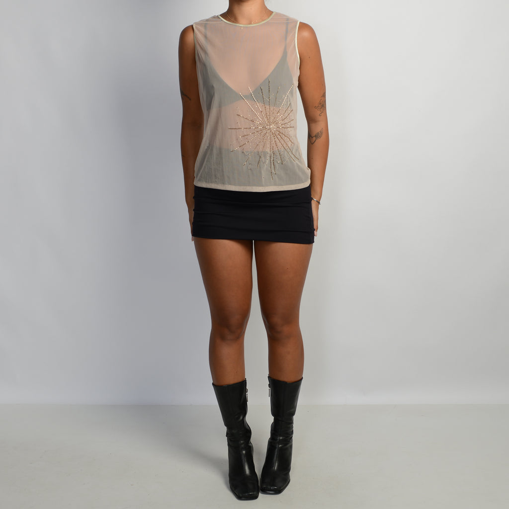 BEIGE MESH BEADED TOP