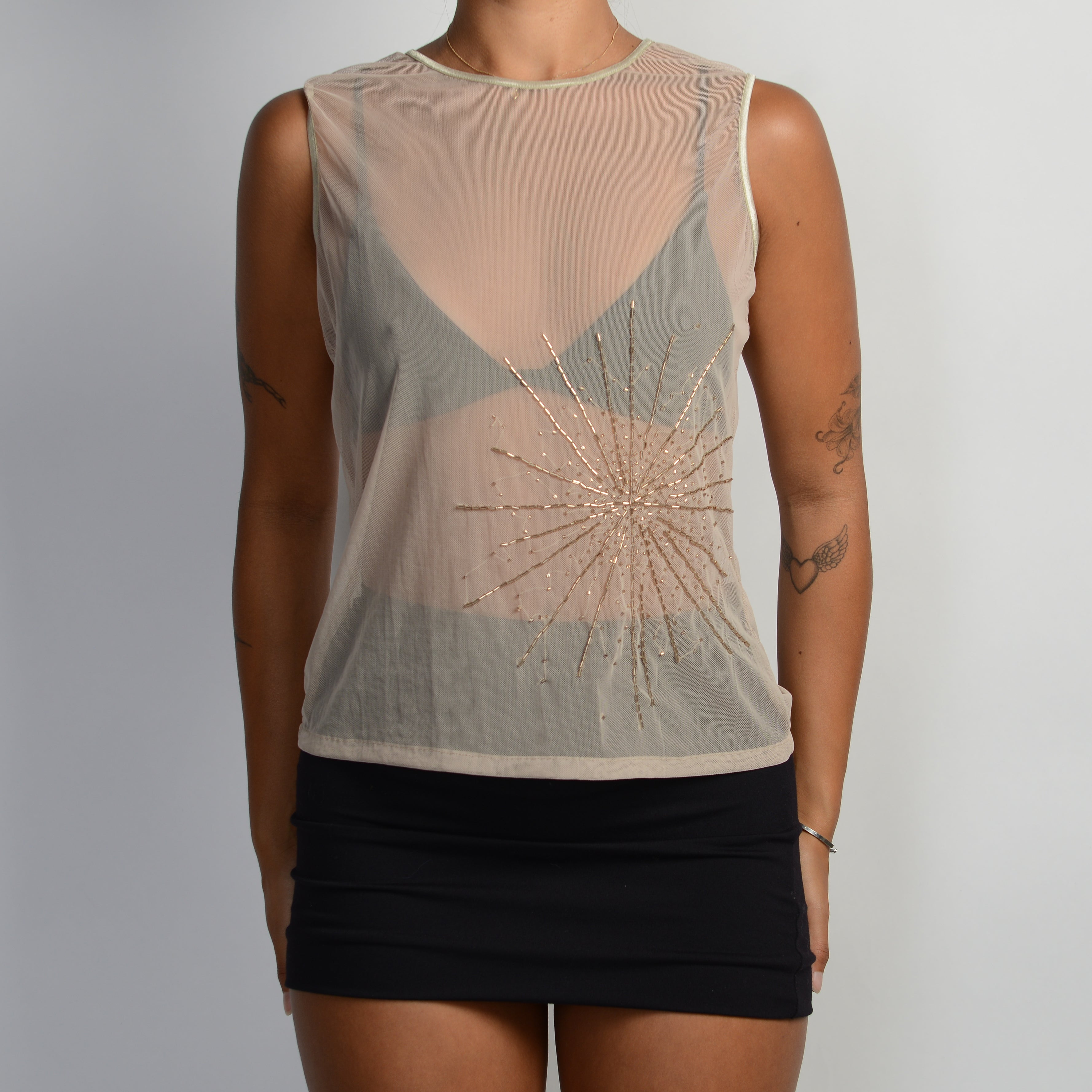BEIGE MESH BEADED TOP