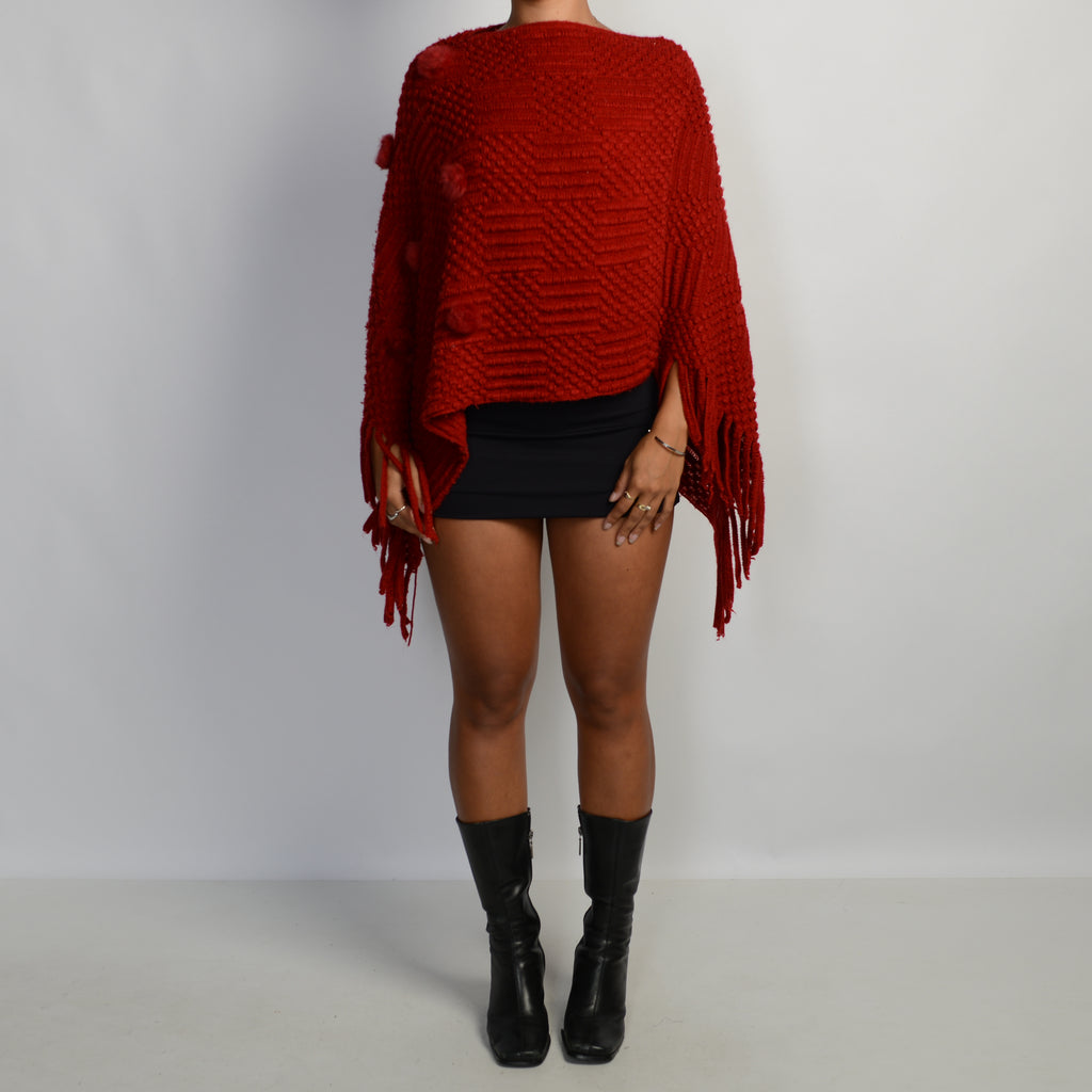 RED TEXTURED KNIT PONCHO