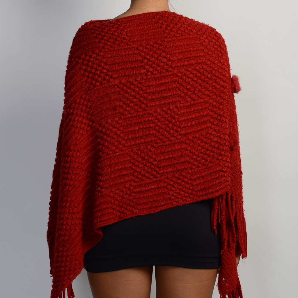 RED TEXTURED KNIT PONCHO