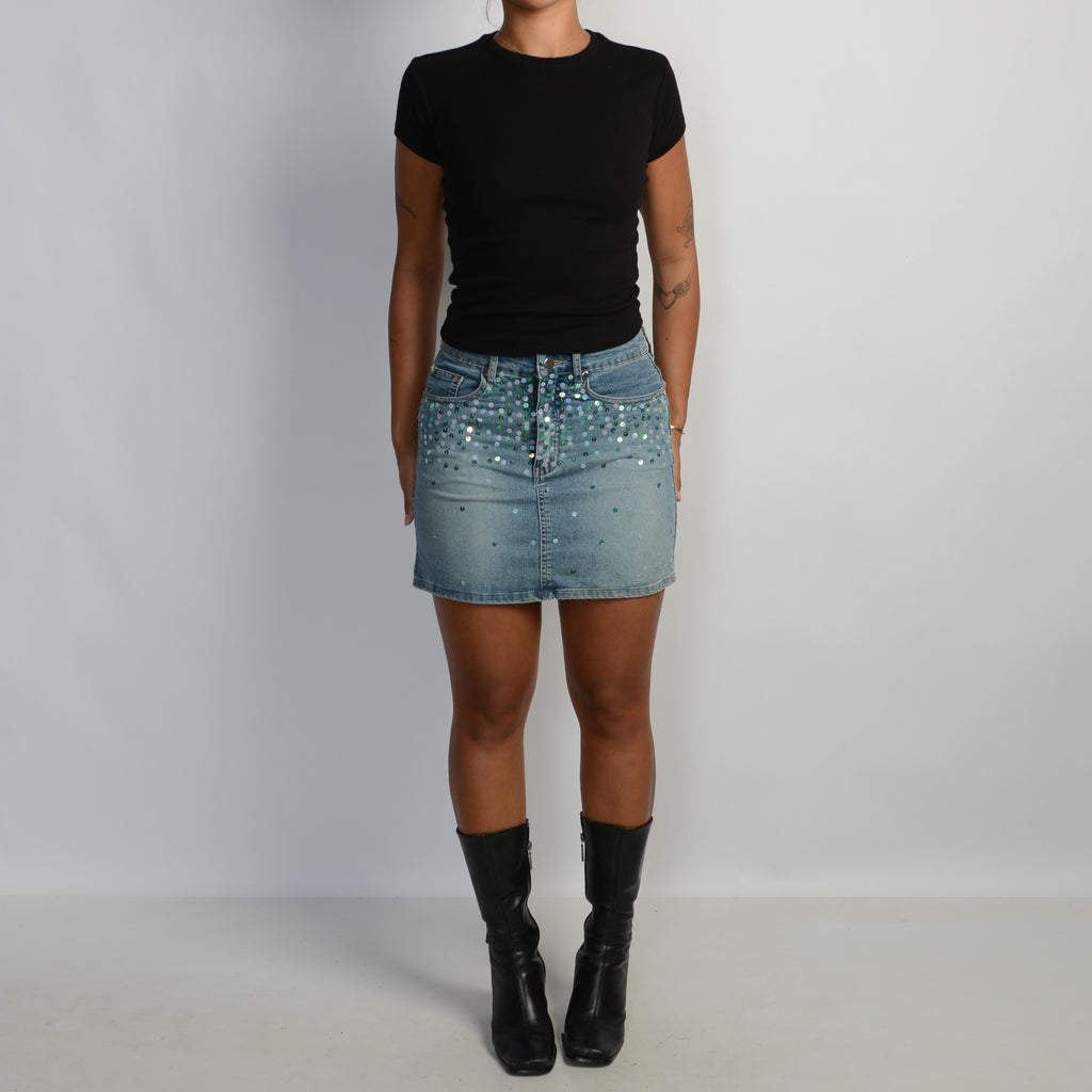 SEQUIN DENIM MINI SKIRT
