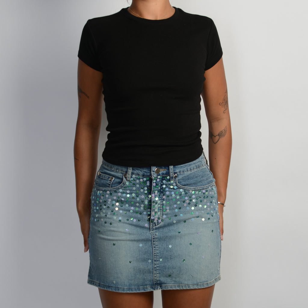 SEQUIN DENIM MINI SKIRT