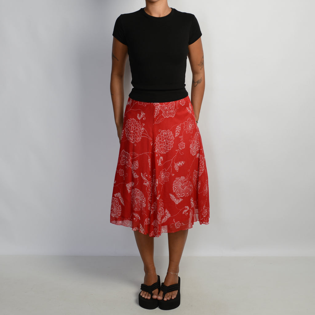 RED FLORAL MIDI SKIRT