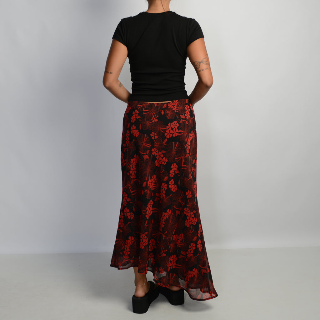 RED FLORAL MAXI SKIRT