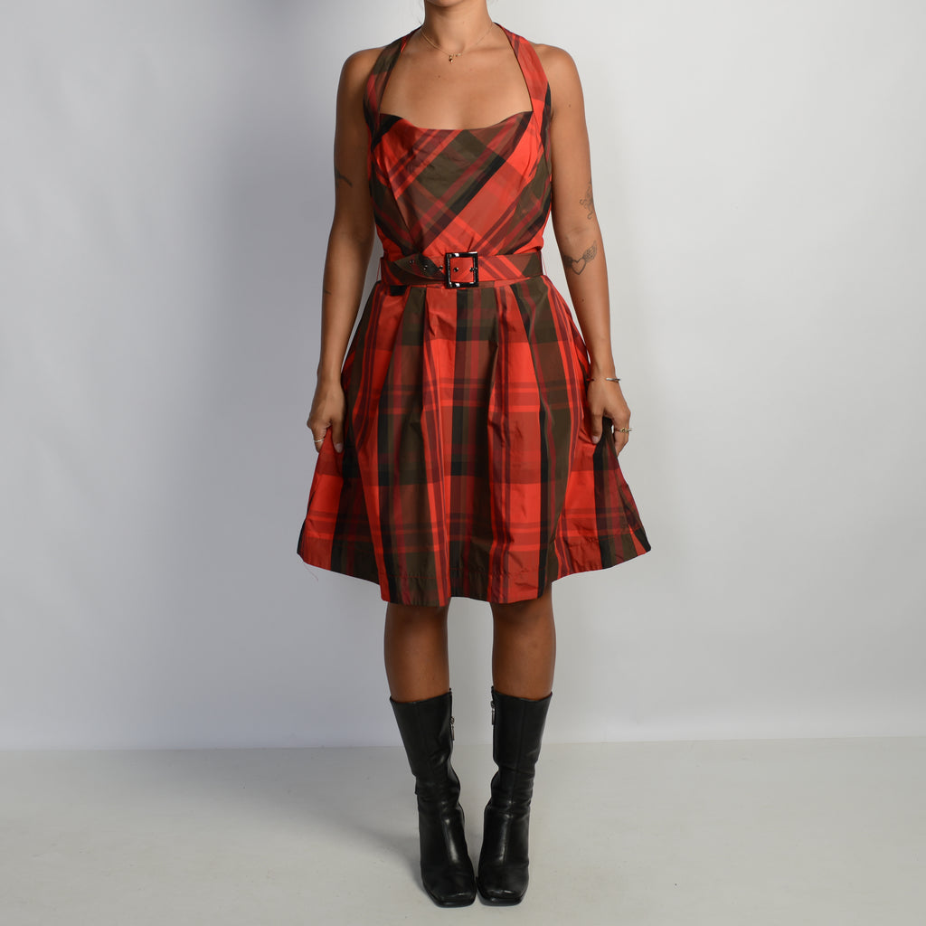 RED PLAID BELT DRESS