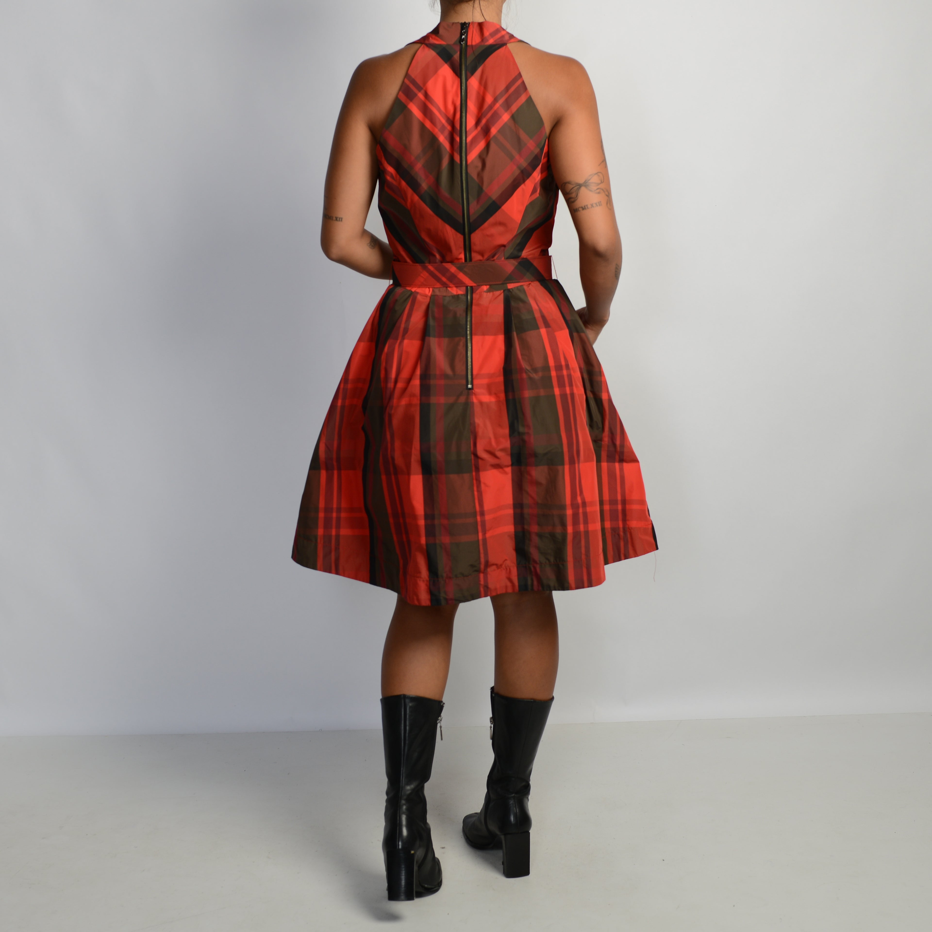 RED PLAID BELT DRESS
