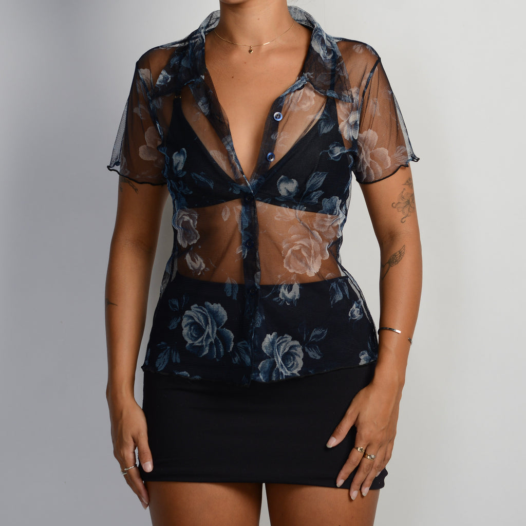 NAVY FLORAL MESH BLOUSE