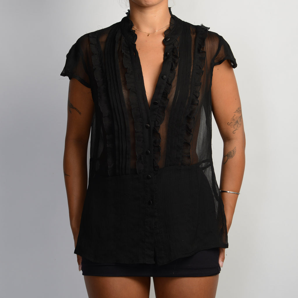 BLACK SHEER RUFFLE BLOUSE