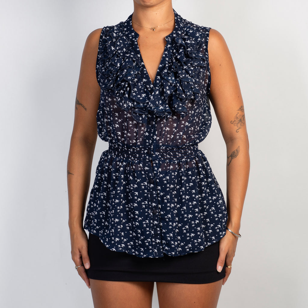 NAVY PATTERN RUFFLE BLOUSE