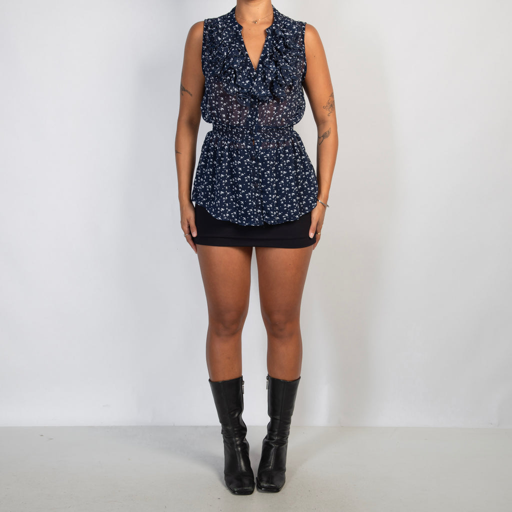 NAVY PATTERN RUFFLE BLOUSE