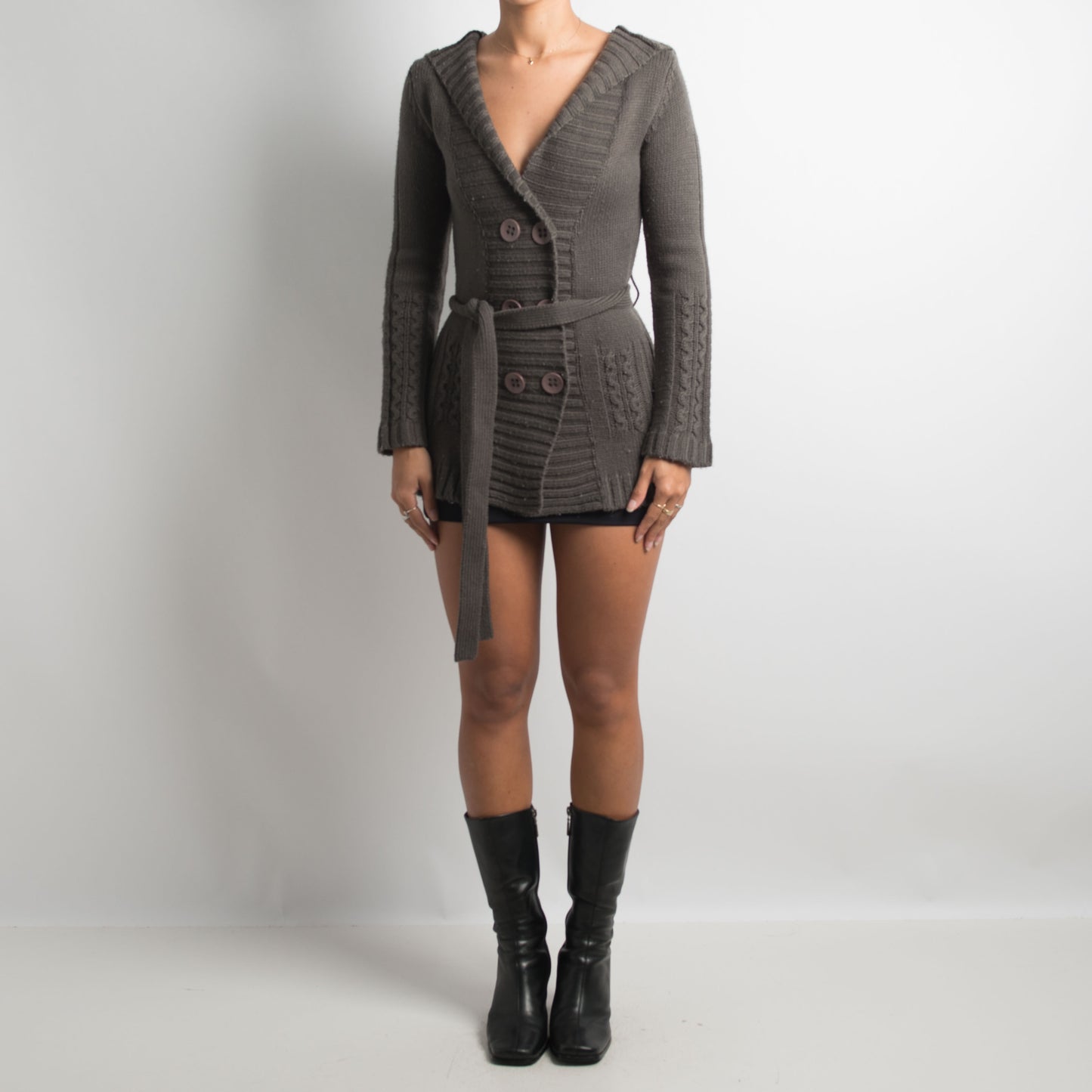 KNIT LONGLINE HOODED CARDIGAN