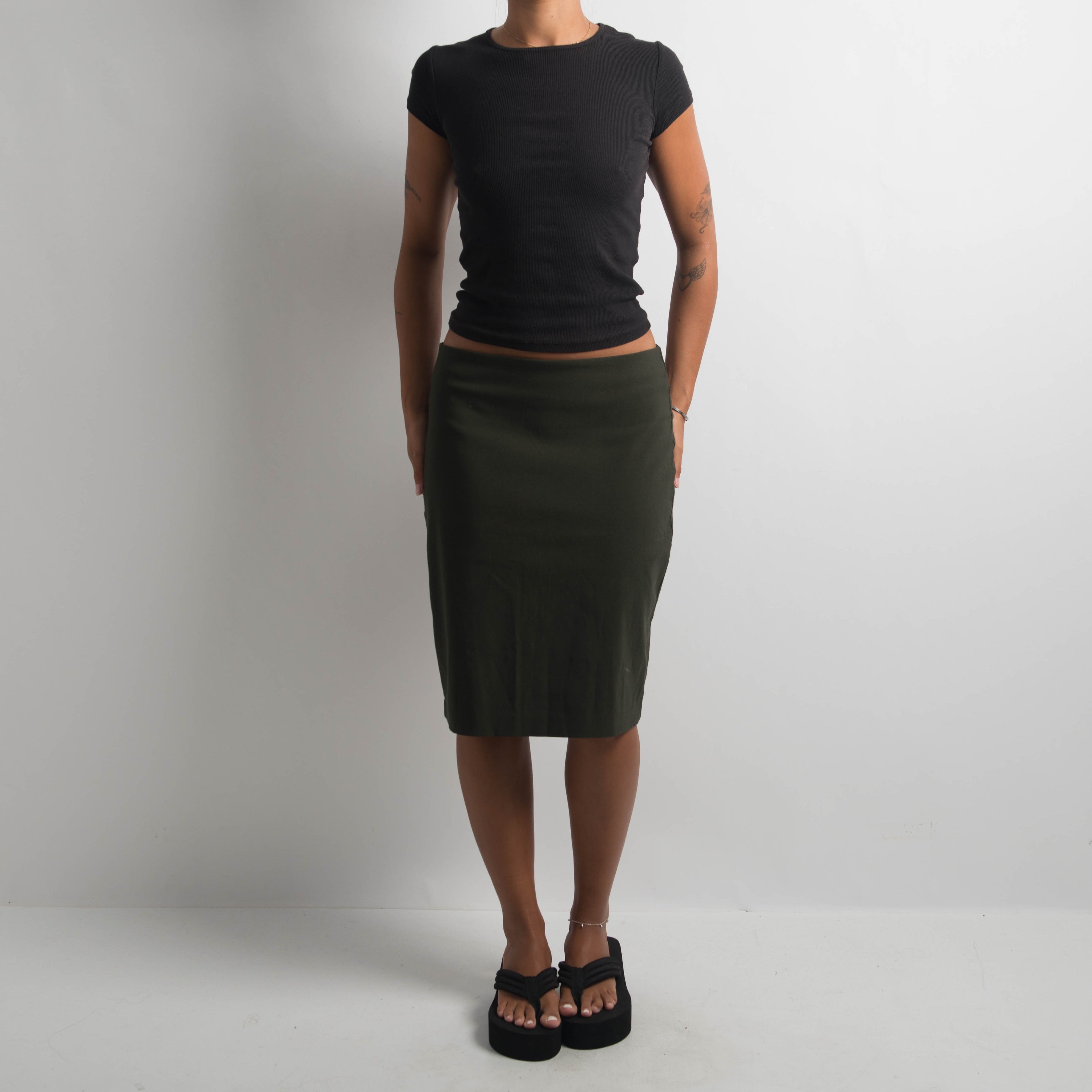 KHAKI STRETCH MIDI SKIRT