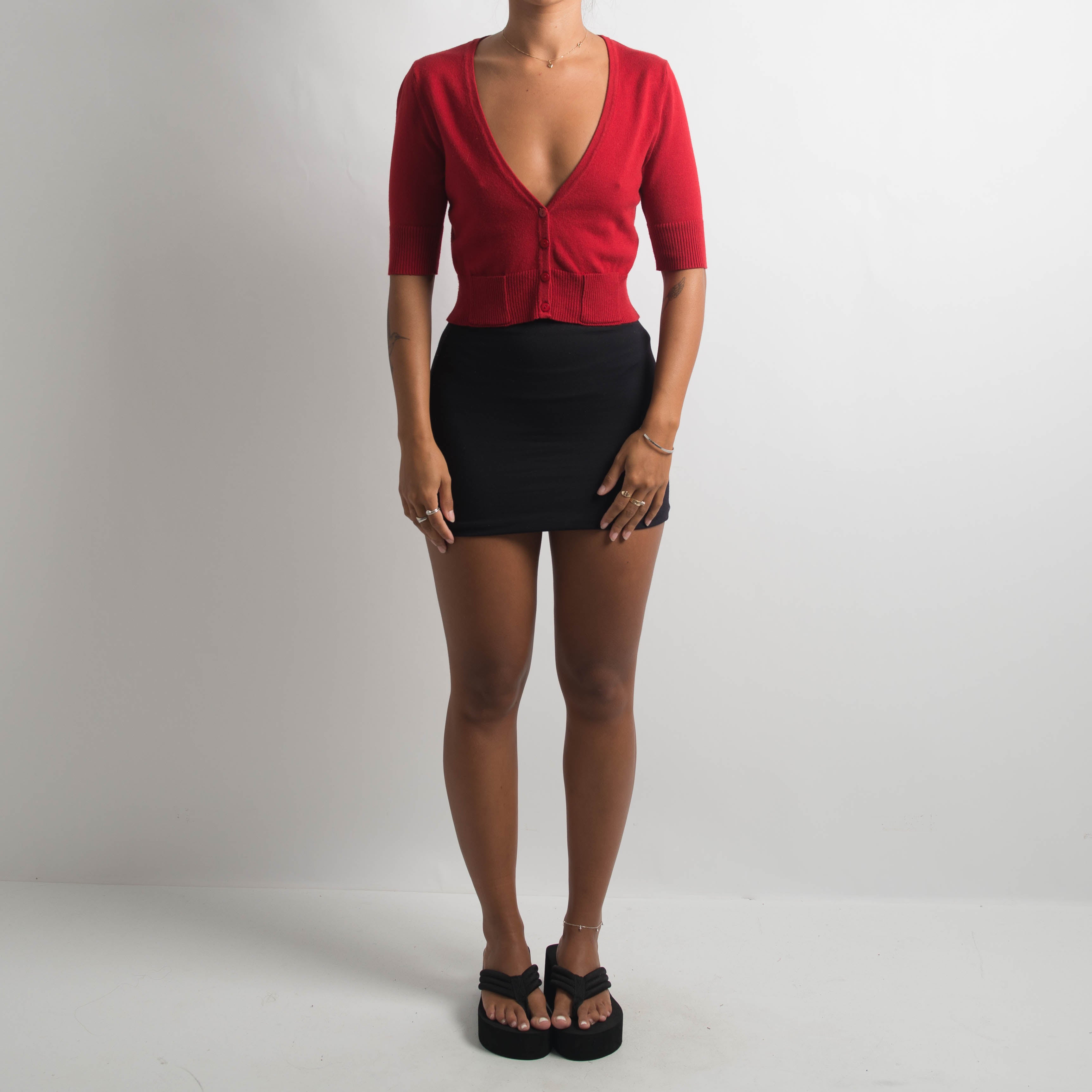 RED 1/2 SLEEVE CROP CARDIGAN