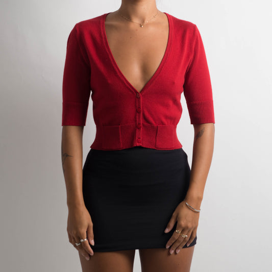 RED 1/2 SLEEVE CROP CARDIGAN