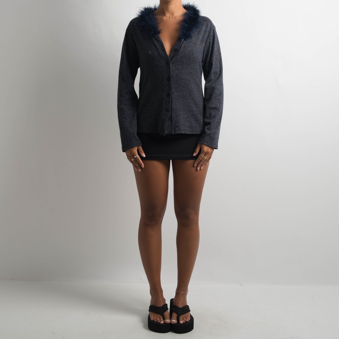 NAVY FUR TRIM CARDIGAN