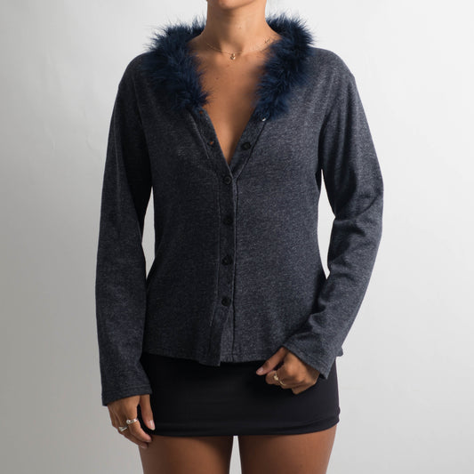 NAVY FUR TRIM CARDIGAN