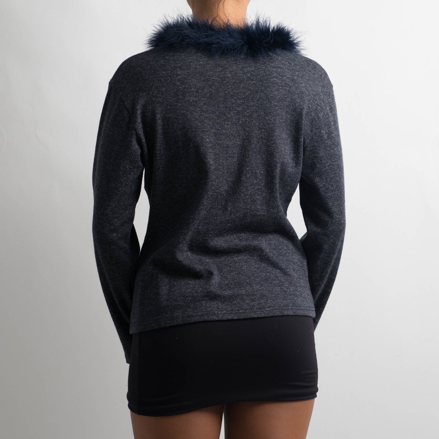 NAVY FUR TRIM CARDIGAN