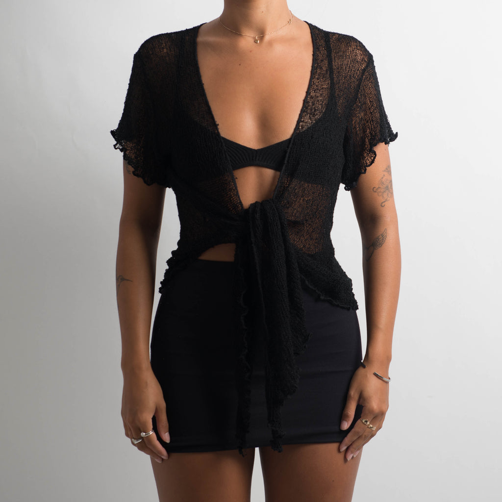 BLACK CROCHET WRAP TOP