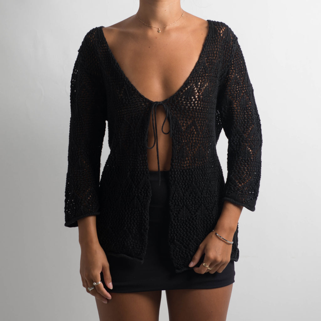 BLACK CROCHET TIE FRONT TOP