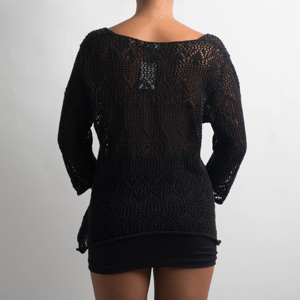 BLACK CROCHET TIE FRONT TOP